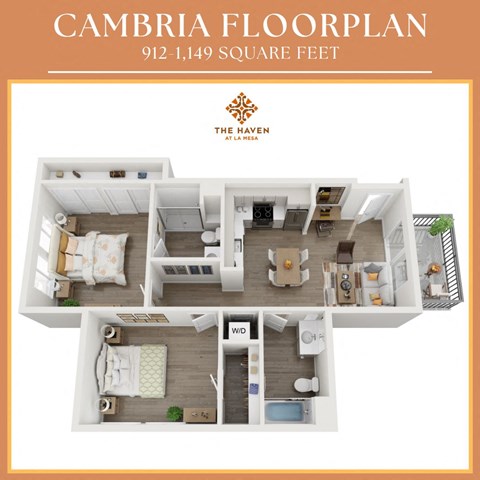 Floor plan for 2 beds, 2 baths, 953 sqft